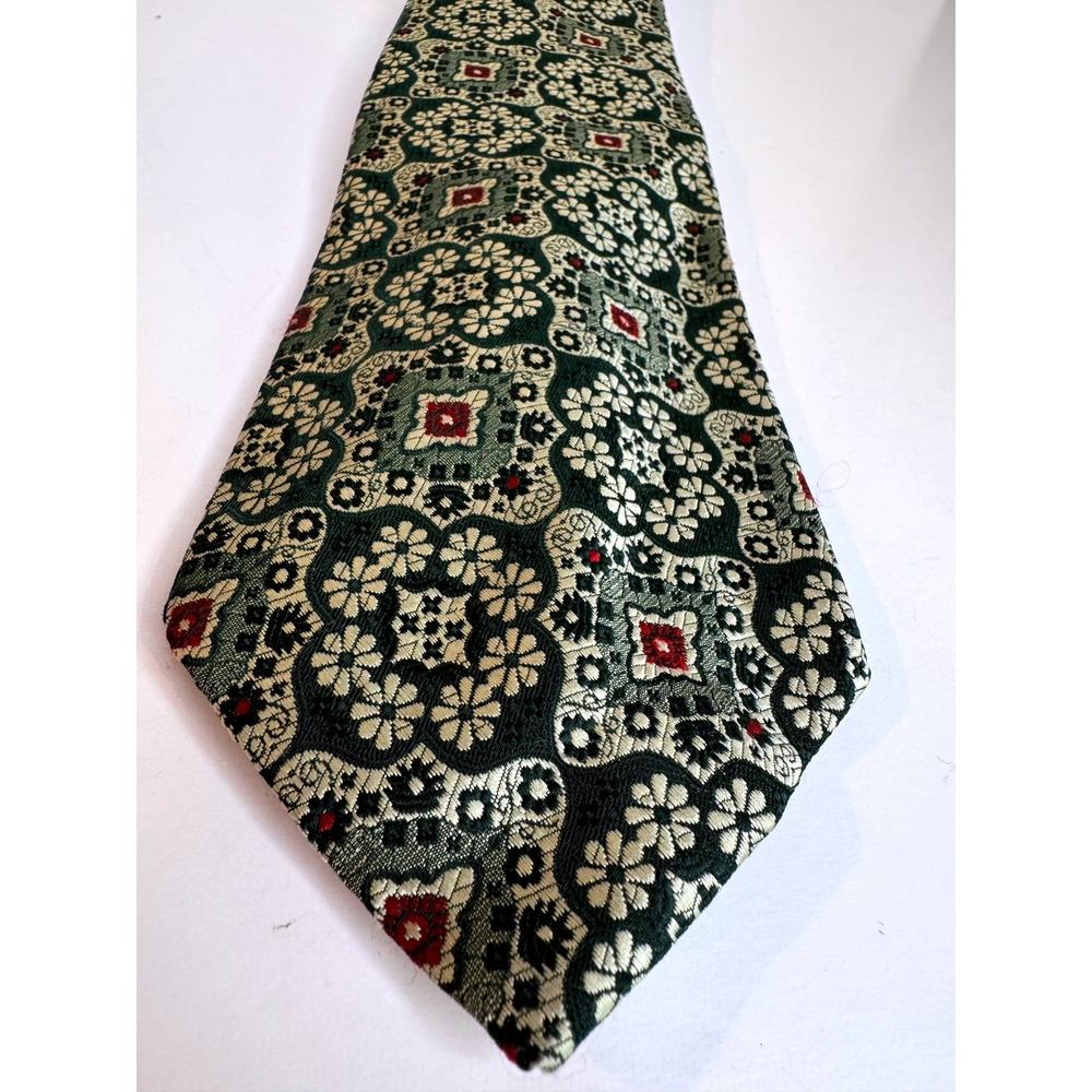 Vintage Cylon Cravats Abstract Floral Silk Tie Green Cream Red Medallion Pattern